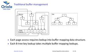 Tradi onal buﬀer management
1
2 3
4 5 6 7
Disk
1'
2' 3'
5' 6'
Memory
Buffer
mapping
1 2 3 5 6
4 7
▶ Each page access requires lookup into buﬀer mapping data structure.
▶ Each B-tree key lookup takes mul ple buﬀer mapping lookups.
Alexander Korotkov Solving PostgreSQL wicked problems 13 / 40
 