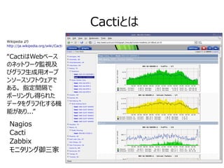 Cactiとは
Wikipedia より
http://ja.wikipedia.org/wiki/Cacti
“CactiはWebベース
のネットワーク監視及
びグラフ生成用オープ
ンソースソフトウェアで
ある。 指定間隔で
ポーリングし得られた
データをグラフ化する機
能があり...”
Nagios
Cacti
Zabbix
モニタリング御三家
 