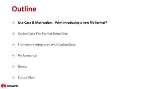 2
Outline
 Use Case & Motivation : Why introducing a new file format?
 CarbonData File Format Deep Dive
 Framework Integrated with CarbonData
 Performance
 Demo
 Future Plan
 