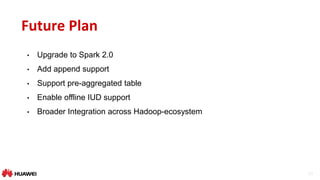 29
Future Plan
• Upgrade to Spark 2.0
• Add append support
• Support pre-aggregated table
• Enable offline IUD support
• Broader Integration across Hadoop-ecosystem
 