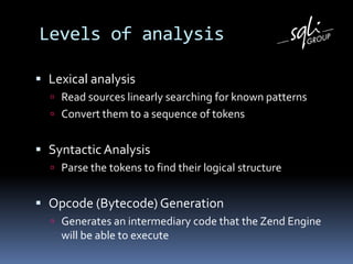 Levels of analysisLexical analysisRead sources linearlysearching for known patternsConvertthem to a sequence of tokensSyntacticAnalysisParse the tokens to findtheirlogical structureOpcode (Bytecode) GenerationGenerates an intermediary code that the Zend Enginewillbe able to execute