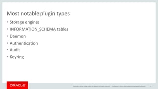 Copyright © 2016, Oracle and/or its affiliates. All rights reserved. |
Most notable plugin types
• Storage engines
• INFORMATION_SCHEMA tables
• Daemon
• Authentication
• Audit
• Keyring
Confidential – Oracle Internal/Restricted/Highly Restricted 13
 