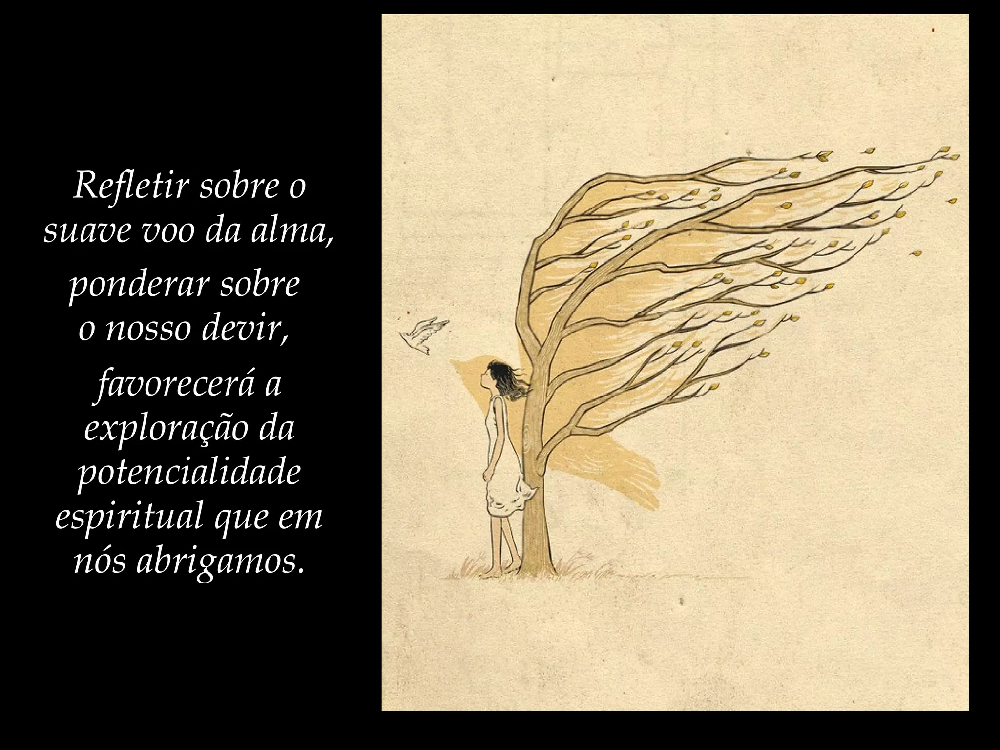 Refletir sobre o
suave voo da alma,
ponderar sobre
o nosso devir,
favorecerá a
exploração da
potencialidade
espiritual que em
nós abrigamos.
 