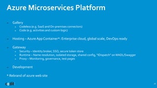 Azure Microservices Platform
26
➔ Gallery
➔ Codeless (e.g. SaaS and On-premises connectors)
➔ Code (e.g. activities and custom logic)
➔ Hosting – Azure App Container*: Enterprise cloud, global scale, DevOps ready
➔ Gateway
➔ Security – Identity broker, SSO, secure token store
➔ Runtime – Name resolution, isolated storage, shared config, “IDispatch” onWADL/Swagger
➔ Proxy – Monitoring, governance, test pages
➔ Development
* Rebrand of azure web site
 