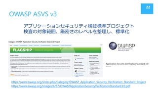 OWASP ASVS v3
22
https://www.owasp.org/index.php/Category:OWASP_Application_Security_Verification_Standard_Project
https://www.owasp.org/images/6/67/OWASPApplicationSecurityVerificationStandard3.0.pdf
アプリケーションセキュリティ検証標準プロジェクト
検査の対象範囲、厳密さのレベルを整理し、標準化
 