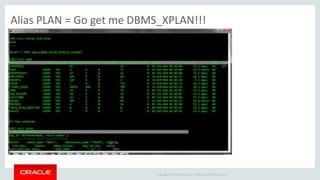 Copyright © 2014 Oracle and/or its affiliates. All rights reserved. |
Alias PLAN = Go get me DBMS_XPLAN!!!
 
