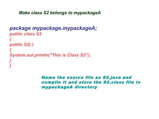 Make class S2 belongs to mypackageA
package mypackage.mypackageA;
public class S2
{
public S2( )
{
System.out.println("This is Class S2");
}
}
Name the source file as S2.java and
compile it and store the S2.class file in
mypackageA directory
 