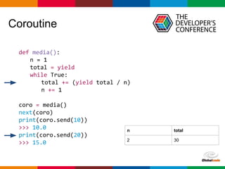 pen4education
Coroutine
def media():
n = 1
total = yield
while True:
total += (yield total / n)
n += 1
coro = media()
next(coro)
print(coro.send(10))
>>> 10.0
print(coro.send(20))
>>> 15.0
n total
2 30
 