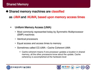 한국해양과학기술진흥원
Shared memory machines are classified
as UMA and NUMA, based upon memory access times
 Uniform Memory Access (UMA)
• Most commonly represented today by Symmetric Multiprocessor
(SMP) machines
• Identical processors
• Equal access and access times to memory
• Sometimes called CC-UMA - Cache Coherent UMA
 Cache coherent means if one processor updates a location in shared
memory, all the other processors know about the update. Cache
coherency is accomplished at the hardware level
Shared Memory
 