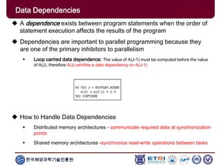 한국해양과학기술진흥원
 A dependence exists between program statements when the order of
statement execution affects the results of the program
 Dependencies are important to parallel programming because they
are one of the primary inhibitors to parallelism
 Loop carried data dependence: The value of A(J-1) must be computed before the value
of A(J), therefore A(J) exhibits a data dependency on A(J-1)
 How to Handle Data Dependencies
 Distributed memory architectures - communicate required data at synchronization
points
 Shared memory architectures -synchronize read-write operations between tasks
Data Dependencies
 