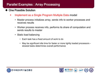 한국해양과학기술진흥원
 One Possible Solution
 Implement as a Single Program Multiple Data model
• Master process initializes array, sends info to worker processes and
receives results
• Worker process receives info, performs its share of computation and
sends results to master
• Static load balancing
• Each task has a fixed amount of work to do
• May be significant idle time for faster or more lightly loaded processors -
slowest tasks determines overall performance
Parallel Examples : Array Processing
 