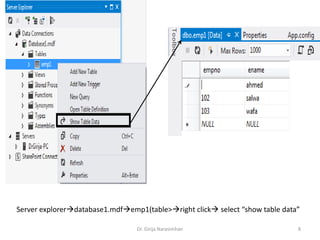 Server explorerdatabase1.mdfemp1(table>right click select “show table data”
Dr. Girija Narasimhan 8
 