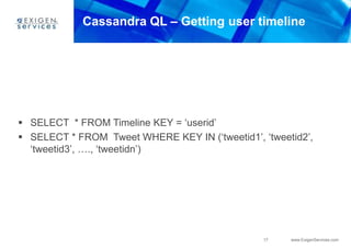Cassandra QL – Getting user timelineSELECT  * FROM Timeline KEY = ‘userid’SELECT * FROM  Tweet WHERE KEY IN (‘tweetid1’, ‘tweetid2’, ‘tweetid3’, …., ‘tweetidn’)