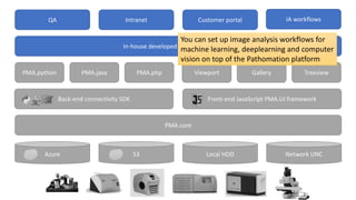 Azure S3 Local HDD Network UNC
PMA.core
Front-end JavaScript PMA.UI frameworkBack-end connectivity SDK
PMA.python PMA.phpPMA.java Viewport TreeviewGallery
In-house developed custom Applications
QA Intranet Customer portal IA workflows
You can set up image analysis workflows for
machine learning, deeplearning and computer
vision on top of the Pathomation platform
 