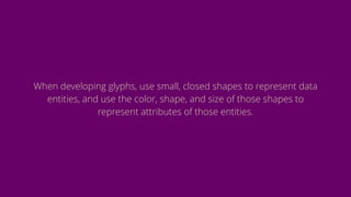 When developing glyphs, use small, closed shapes to represent data
entities, and use the color, shape, and size of those shapes to
represent attributes of those entities.
 