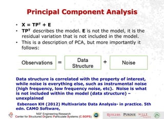 Principal Component Analysis
• X = TPT + E
• TPT describes the model. E is not the model, it is the
residual variation that is not included in the model.
• This is a description of PCA, but more importantly it
follows:
Data structure is correlated with the property of interest,
while noise is everything else, such as instrumental noise
(high frequency, low frequency noise, etc). Noise is what
is not included within the model (data structure) –
unexplained
Esbensen KH (2012) Multivariate Data Analysis- in practice. 5th
edn. CAMO Software,
 