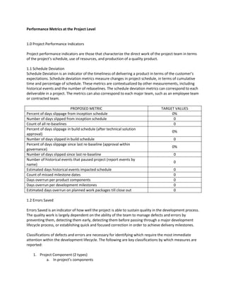 Performance Metrics at the Project Level
1.0 Project Performance Indicators
Project performance indicators are those that characterize the direct work of the project team in terms
of the project’s schedule, use of resources, and production of a quality product.
1.1 Schedule Deviation
Schedule Deviation is an indicator of the timeliness of delivering a product in terms of the customer’s
expectations. Schedule deviation metrics measure changes in project schedule, in terms of cumulative
time and percentage of schedule. These metrics are contextualized by other measurements, including
historical events and the number of rebaselines. The schedule deviation metrics can correspond to each
deliverable in a project. The metrics can also correspond to each major team, such as an employee team
or contracted team.
PROPOSED METRIC TARGET VALUES
Percent of days slippage from inception schedule 0%
Number of days slipped from inception schedule 0
Count of all re-baselines 0
Percent of days slippage in build schedule (after technical solution
approval)
0%
Number of days slipped in build schedule 0
Percent of days slippage since last re-baseline (approval within
governance)
0%
Number of days slipped since last re-baseline 0
Number of historical events that paused project (report events by
name)
0
Estimated days historical events impacted schedule 0
Count of missed milestone dates 0
Days overrun per product components 0
Days overrun per development milestones 0
Estimated days overrun on planned work packages till close out 0
1.2 Errors Saved
Errors Saved is an indicator of how well the project is able to sustain quality in the development process.
The quality work is largely dependent on the ability of the team to manage defects and errors by
preventing them, detecting them early, detecting them before passing through a major development
lifecycle process, or establishing quick and focused correction in order to achieve delivery milestones.
Classifications of defects and errors are necessary for identifying which require the most immediate
attention within the development lifecycle. The following are key classifications by which measures are
reported:
1. Project Component (2 types)
a. In project’s components
 