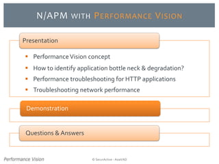 © SecurActive - AsiaVAD
N/APM WITH PERFORMANCE VISION
 PerformanceVision concept
 How to identify application bottle neck & degradation?
 Performance troubleshooting for HTTP applications
 Troubleshooting network performance
Questions & Answers
Demonstration
Presentation
 