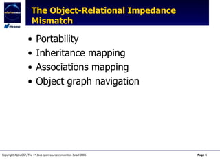 The Object-Relational Impedance Mismatch Portability Inheritance mapping Associations mapping Object graph navigation 