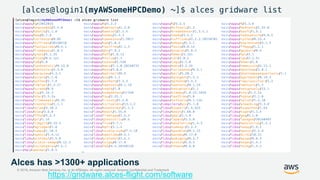 © 2018, Amazon Web Services, Inc. or its Affiliates. All rights reserved. Amazon Confidential and Trademark
Alces has >1300+ applications
[alces@login1(myAWSomeHPCDemo) ~]$ alces gridware list
https://gridware.alces-flight.com/software
 
