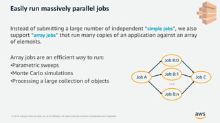 © 2018, Amazon Web Services, Inc. or its Affiliates. All rights reserved. Amazon Confidential and Trademark
Easily run massively parallel jobs
Instead of submitting a large number of independent “simple jobs”, we also
support “array jobs” that run many copies of an application against an array
of elements.
Array jobs are an efficient way to run:
•Parametric sweeps
•Monte Carlo simulations
•Processing a large collection of objects
Job A Job C
Job B:0
Job B:1
Job B:n
…
 
