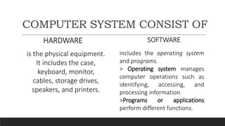 COMPUTER SYSTEM CONSIST OF
HARDWARE SOFTWARE
is the physical equipment.
It includes the case,
keyboard, monitor,
cables, storage drives,
speakers, and printers.
includes the operating system
and programs.
> Operating system manages
computer operations such as
identifying, accessing, and
processing information.
>Programs or applications
perform different functions.
 