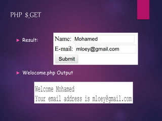 PHP $_GET
 Result:
 Welocome.php Output
 