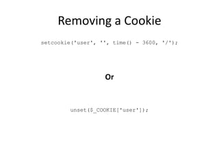 Removing a Cookie
setcookie('user', '', time() - 3600, '/');
Or
unset($_COOKIE['user']);
 