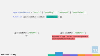 How Enums Can Help
type PostStatus = "draft" | "pending" | "returned" | "published";
function updateStatus(status: PostStatus) {}
updateStatus("potato");
Argument of type '"potato"' is not assignable to
parameter of type 'PostStatus'.
updateStatus("draft");
✔️
 