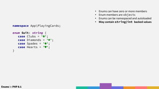 Enums in PHP 8.1
namespace AppPlayingCards;
enum Suit: string {
case Clubs = '♣️';
case Diamonds = '♦️';
case Spades = '♠️';
case Hearts = '♥️';
}
• Enums can have zero or more members
• Enum members are objects
• Enums can be namespaced and autoloaded
• May contain string|int backed values
 