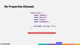 Enum Semantics
enum Suit {
case Spades;
case Hearts;
case Clubs;
case Diamonds;
private string $foo;
}
No Properties Allowed
Fatal error: Enums may not include properties
 