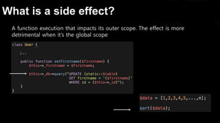 What is a side effect?
A function execution that impacts its outer scope. The effect is more
detrimental when it’s the global scope
 