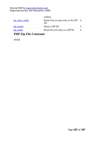 Tutorial PHP by www.w3schools.com
Organized by Nur Dwi Muryanto, 2009
reading
zip_entry_read() Reads from an open entry in the ZIP
file
4
zip_open() Opens a ZIP file 4
zip_read() Reads the next entry in a ZIP file 4
PHP Zip File Constants
NONE
Page 187 of 187
 