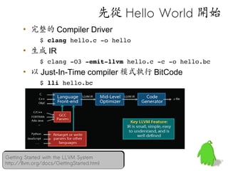 先從 Hello World 開始
       • 完整的 Compiler Driver
              $ clang hello.c ­o hello
       • 生成 IR
              $ clang ­O3 ­emit­llvm hello.c ­c ­o hello.bc
       • 以 Just-In-Time compiler 模式執行 BitCode
              $ lli hello.bc




Getting Started with the LLVM System
Getting Started with the LLVM System
http://llvm.org/docs/GettingStarted.html
http://llvm.org/docs/GettingStarted.html
 
