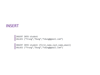 INSERT

    INSERT INTO student
    VALUES (“Trung”,”Dung”,”tdung@gmail.com”)

    INSERT INTO student (first_name,last_name,email)
    VALUES (“Trung”,”Dung”,”tdung@gmail.com”)
 