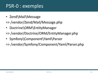 PSR-0 : exemples
• ZendMailMessage
=> /vendor/Zend/Mail/Message.php
• DoctrineORMEntityManager
=> /vendor/Doctrine/ORM/EntityManager.php
• SymfonyComponentYamlParser
=> /vendor/Symfony/Component/Yaml/Parser.php




05/10/2011            PHP 5.3                  20
 