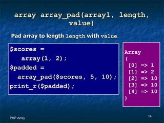 array array_pad(array1, length, value) PHP Array Pad array to length  length  with  value . $scores =  array(1, 2); $padded =  array_pad($scores, 5, 10); print_r($padded); Array  ( [0] => 1 [1] => 2 [2] => 10 [3] => 10 [4] => 10 ) 