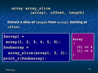 array array_slice   (array1, offset, length) PHP Array Extract a slice of  length  from  array1  starting at offset . $array1 =  array(1, 2, 3, 4, 5, 6); $subarray =  array_slice(array1, 3, 2); print_r($subarray); Array ( [0] => 4 [1] => 5 ) 