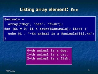 Listing array element :  for PHP Array $animals = array(&quot;dog&quot;, &quot;cat&quot;, &quot;fish&quot;); for ($i = 0; $i < count($animals); $i++) { echo $i . &quot;-th animal is a $animals[$i].\n&quot;; } 0-th animal is a dog. 1-th animal is a cat. 2-th animal is a fish. 