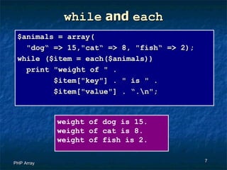 while  and  each PHP Array $animals = array(  &quot;dog“ => 15,&quot;cat“ => 8, &quot;fish“ => 2); while ($item = each($animals))  print &quot;weight of &quot; .  $item[&quot;key&quot;] . &quot; is &quot; . $item[&quot;value&quot;] . “.\n&quot;; weight of dog is 15. weight of cat is 8. weight of fish is 2. 