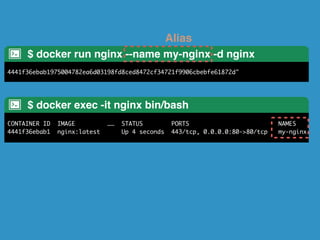 Expose Port 
-p <host_port>:<guest_port> 
docker run -d -p 10080:80 nginx 
afd45d0f7d34baf90dbef109ae167c99a49432080adc8621e8cd7e18a4004658 
$ docker ps -a! 
CONTAINER ID IMAGE COMMAND CREATED STATUS PORTS 
afd45d0f7d34 nginx:1 "nginx… 6 seconds ago Up 5 seconds 443/tcp, 0.0.0.0:10080->80/tcp 
Expose 80 to 10080 
(assigned) 
Expose to assigned port 
 