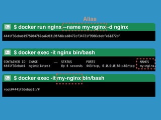 Expose Port 
docker run -d -p 127.0.0.1:10080:80 nginx 
76d00613ccb3576ef604c61f4d086aa6f090ed7268c42638f1931e235c0fe526 
$ docker ps -a! 
CONTAINER ID IMAGE COMMAND CREATED STATUS PORTS 
76d00613ccb3 nginx:1 "nginx… 6 seconds ago Up 5 seconds 443/tcp, 127.0.0.1:10080->80/tcp 
 