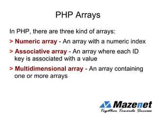 PHP Arrays
In PHP, there are three kind of arrays:
> Numeric array - An array with a numeric index
> Associative array - An array where each ID
key is associated with a value
> Multidimensional array - An array containing
one or more arrays
 
