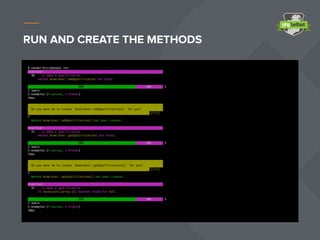 RUN AND CREATE THE METHODS
$ vendor/bin/phpspec run
Acme/User
36 - it adds a qualification
method AcmeUser::addQualification not found.
80% 20% 5
2 specs
5 examples (4 passed, 1 broken)
24ms
Do you want me to create `AcmeUser::addQualification()` for you?
[Y/n]
Y
Method AcmeUser::addQualification() has been created.
Acme/User
31 - it adds a qualification
method AcmeUser::getQualifications not found.
80% 20% 5
2 specs
5 examples (4 passed, 1 broken)
15ms
Do you want me to create `AcmeUser::getQualifications()` for you?
[Y/n]
Y
Method AcmeUser::getQualifications() has been created.
Acme/User
31 - it adds a qualification
no haveCount([array:1]) matcher found for null.
80% 20% 5
2 specs
5 examples (4 passed, 1 broken)
20ms
 