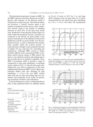 324                                 T.P. Blanchett et al. / ISA Transactions 39 (2000) 317±325

   The benchmark experiment is based on MPC. In                     in 50 cm3 of water at 10 C for 5 s), and large
the MPC approach used here (details are in [10]) a                  (40 C) changes in the set point (Fig. 4), is clearly
discrete step response of the physical model is                     demonstrated for the tuned fuzzy gain scheduling
obtained by an open loop test. The method utilizes                  … ˆ 38Y w ˆ 7X8Y  ˆ 50† where the manipulated
two horizons: a `control' horizon equal to the
number of predicted control moves, and a `predic-
tion' horizon equal to the number of sampling
intervals to reach 95% of the open loop steady
state. Predictions of the physical model output are
made within the prediction horizon, and these are
compared to the desired set point pro®le. Least
squares minimization of the di€erence between the
predictions and the set point pro®le, over the pre-
diction horizon, is used to determine the manipu-
lated variable within the control horizon. A
control horizon of length 2 and a prediction horizon
of length 139 was used here for controlling the
temperature. Although MPC control is funda-
mentally di€erent from conventional PID, it pro-
duces control actions similar to PID control, but
shows a very reduced overshoot and settling time to
the set point due to its predictive capability. Thus,               Fig. 3. Temperature response of fuzzy gain scheduled PID to a
MPC is practically useful to provide a range of                     disturbance (applied at ( % 280), and the same for model pre-
comparison to fuzzy gain scheduling. A surprising                   dictive control (MPC) (applied at ( % 350). The fuzzy gain
                                                                    scheduled response is almost Identical to that seen for MPC.
result, evident in Fig. 2, is that the fuzzy gain sche-
duling fares very well in comparison to the more
sophisticated benchmark MPC control. Better per-
formance indices were also obtained for gain
scheduling, w ˆ 7X8Y  ˆ 50, over MPC control
when only the rise time and settling time are con-
sidered, and marginally worse results for percen-
tage maximum overshoot and undershoot.
   Control robustness to a short, cooling disturbance
(Fig. 3) (the cylindrical block was suddenly placed

Table 1
Control performance indices

Performance indices     w ˆ 1,     w ˆ 6,   w ˆ 7X8,   MPC
                         ˆ 38,     ˆ 38    ˆ 38
                         ˆ 38      ˆ 38    ˆ 38

Percentage                    15      3.2      2.5        0
 maximum overshoot
Percentage                    4       1        1          0
 maximum undershoot
Rise time (min)           7.7        7.3      6.9       14
                                                                    Fig. 4. Temperature response (a) and manipulated variable (b)
Setting time (min)       30         15       14         19
                                                                    for fuzzy gain scheduled PID. Control is depicted for set points
Percentage              Æ0.5      Æ0.5    Æ0.5      Æ0.5
                                                                    40% larger …Ts ˆ 140 g† and smaller …Ts ˆ 60 g† than that
 steady state error
                                                                    used for the parameter tuning …Ts ˆ 100 g†.
 