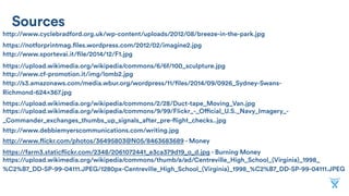 Sources
https://notforprintmag.files.wordpress.com/2012/02/imagine2.jpg
https://upload.wikimedia.org/wikipedia/commons/6/6f/100_sculpture.jpg
http://www.flickr.com/photos/36495803@N05/8463683689 - Money
https://upload.wikimedia.org/wikipedia/commons/9/99/Flickr_-_Official_U.S._Navy_Imagery_-
_Commander_exchanges_thumbs_up_signals_after_pre-flight_checks..jpg
https://upload.wikimedia.org/wikipedia/commons/2/28/Duct-tape_Moving_Van.jpg
https://farm3.staticflickr.com/2348/2061072441_e3ca379d19_o_d.jpg - Burning Money
https://upload.wikimedia.org/wikipedia/commons/thumb/a/ad/Centreville_High_School_(Virginia)_1998_
%C2%B7_DD-SP-99-04111.JPEG/1280px-Centreville_High_School_(Virginia)_1998_%C2%B7_DD-SP-99-04111.JPEG
http://s3.amazonaws.com/media.wbur.org/wordpress/11/files/2014/09/0926_Sydney-Swans-
Richmond-624×367.jpg
http://www.cf-promotion.it/img/lomb2.jpg
http://www.debbiemyerscommunications.com/writing.jpg
http://www.sportevai.it/file/2014/12/F1.jpg
http://www.cyclebradford.org.uk/wp-content/uploads/2012/08/breeze-in-the-park.jpg
 