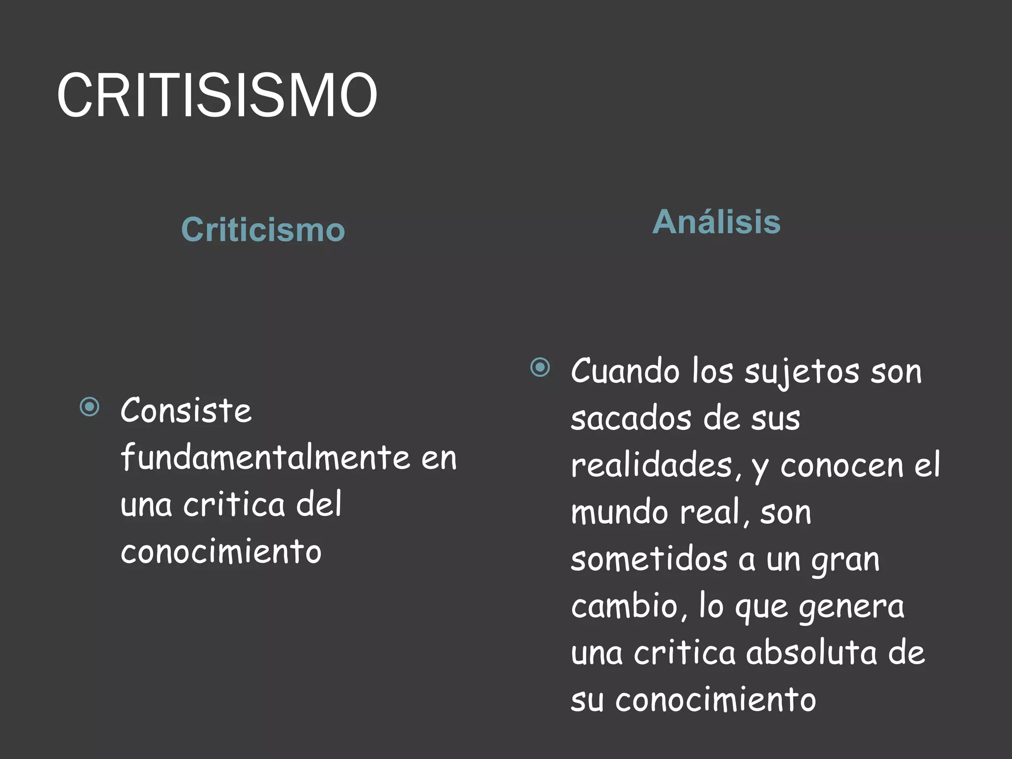 CRITISISMO Criticismo Análisis  Consiste fundamentalmente en una critica del conocimiento Cuando los sujetos son sacados de sus realidades, y conocen el mundo real, son sometidos a un gran cambio, lo que genera una critica absoluta de su conocimiento  