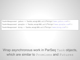 Wrap asynchronous work in ParSeq Task objects,
which are similar to Promises and Futures
Task<Response> yahoo = Tasks.wrap(WS.url("http://www.yahoo.com"))
Task<Response> google = Tasks.wrap(WS.url("http://www.google.com"))
Task<Response> bing = Tasks.wrap(WS.url("http://www.bing.com"))
 