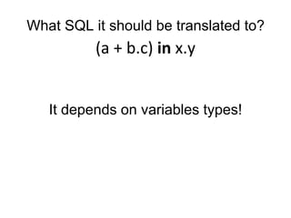 It depends on variables types!
What SQL it should be translated to?
(a + b.c) in x.y
 