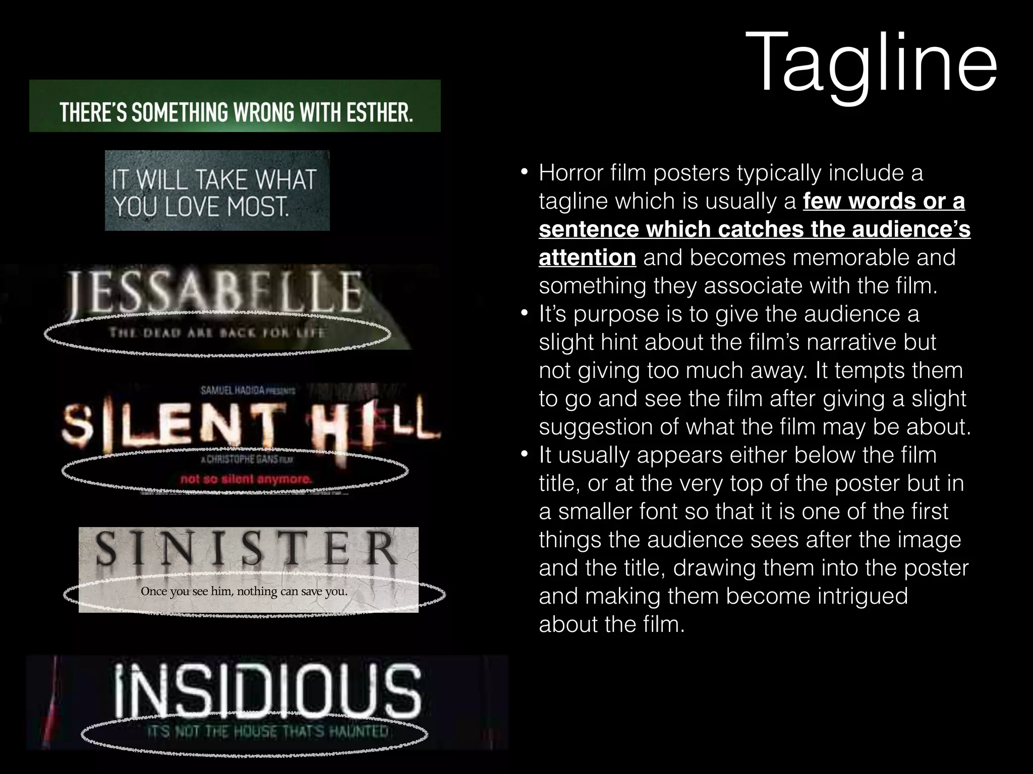 Tagline
• Horror ﬁlm posters typically include a
tagline which is usually a few words or a
sentence which catches the audience’s
attention and becomes memorable and
something they associate with the ﬁlm.
• It’s purpose is to give the audience a
slight hint about the ﬁlm’s narrative but
not giving too much away. It tempts them
to go and see the ﬁlm after giving a slight
suggestion of what the ﬁlm may be about.
• It usually appears either below the ﬁlm
title, or at the very top of the poster but in
a smaller font so that it is one of the ﬁrst
things the audience sees after the image
and the title, drawing them into the poster
and making them become intrigued
about the ﬁlm.
 